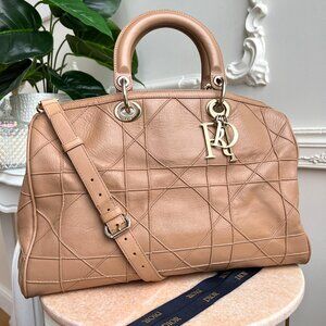 Authentic Christian Dior Tote Beige Cannage Granville Leather Bag B0861